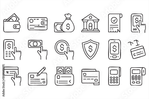 Payment and Fintech Line Icons for Mobile Wallets and Apps