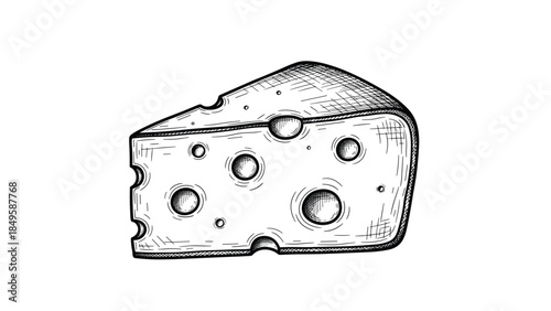A classic black and white sketch of a wedge of Swiss cheese, detailed with holes and texture in a vintage, hand-drawn, and engraved artistic style.