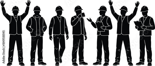 Silhouette construction workers team standing in various poses with helmets and safety vests, engineering workforce illustration, industrial labor figure set