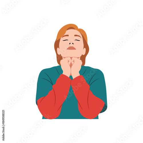 Woman with hands on face looking up thoughtfully