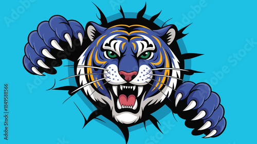 Aggressive tiger mascot breaking through wall with sharp claws and roaring face for sports team logo design fierce predator character illustration for gaming esports and school spirit branding