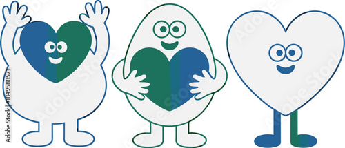 Cute cartoon heart characters with happy faces representing love and kindness flat line art illustration for mental health awareness and emotional wellness branding projects on white background