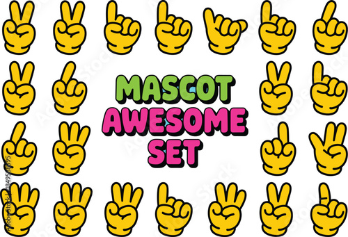 Cartoon mascot hands collection with yellow gloved fingers making peace signs and pointing gestures for character design elements in vibrant pop art style for creative marketing and advertising