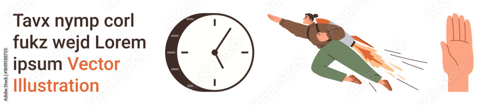 Obraz premium Time management, productivity, personal growth, motivation, decision-making, achieving goals. Clock, flying person progress stop gesture. Time management and productivity