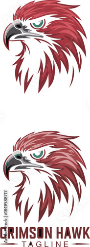 Red crimson hawk mascot logo with aggressive eagle head profile and sharp beak for competitive sports team branding professional gaming esports identity and corporate strength emblem design