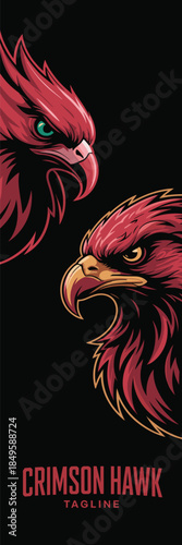 Red hawk eagle mascot logo illustration with fierce bird of prey heads for esports gaming team branding wild animal profile graphic for sports apparel merchandise and professional club identity
