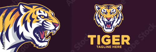 Fierce tiger mascot logo with roaring head and profile view for sports team gaming esports branding aggressive wildlife predator illustration for professional club identity and apparel design