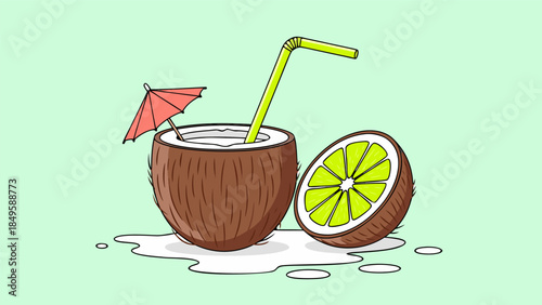Refreshing Tropical Coconut Drink with Zesty Lime Slice, Perfect for Summer Vacation and Beachside Relaxation