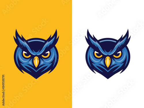 Owl mascot logo design featuring fierce blue bird head for professional gaming team sports branding and esports club identity creative wildlife character illustration for university education logo