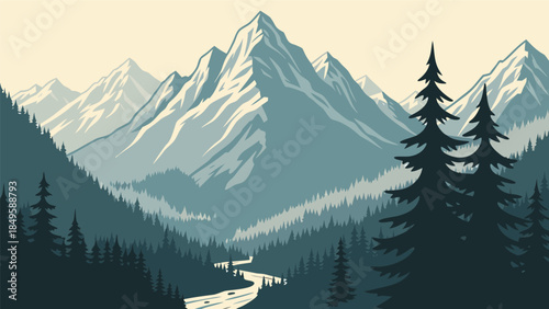 Breathtaking Vector Mountain Landscape with a Winding River and Dense Evergreen Forests Under a Clear Sky