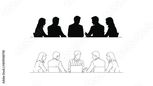 Business meeting silhouettes and line art showing five professionals collaborating around a table with one using a laptop computer device