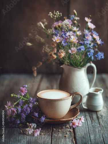 Cozy Rustic Morning Scene with Flowers, Tea Cup and Jug on Wooden Table with Soft Lighting Effects