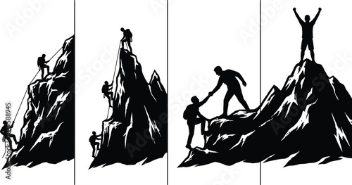 Silhouette mountain climbers teamwork on rocky peaks, helping each other, reaching summit, adventure mountaineering illustration, outdoor hiking success achievement concept