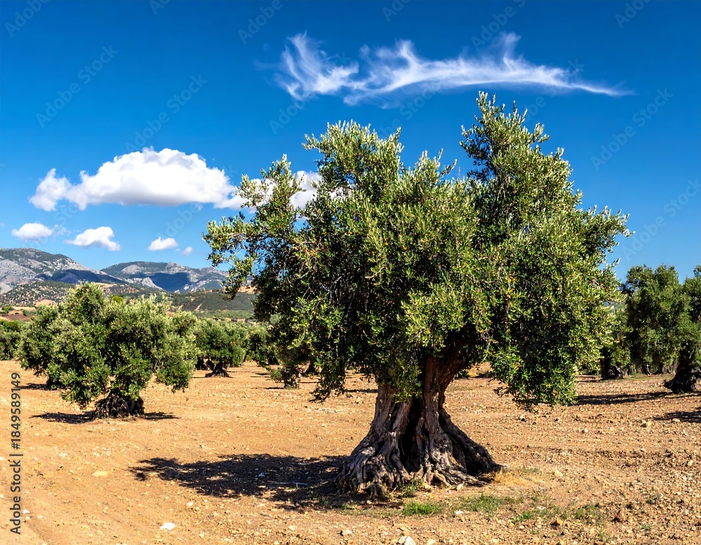 Fototapeta premium Olive grove under bright sky. Gnarled tree trunks anchor the scene in the golden, sun-drenched soil below