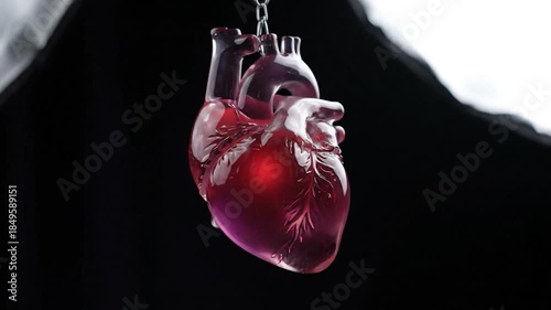 A transparent, glowing red anatomical heart model hangs on a chain against a dark background
