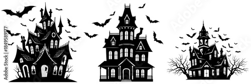 Spooky Halloween Haunted House Silhouette Set with Flying Bats and Bare Trees