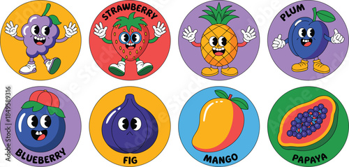 Retro cartoon fruit character stickers set featuring cute grape strawberry pineapple plum blueberry fig mango and papaya in vibrant vintage rubber hose style for fun food branding and packaging