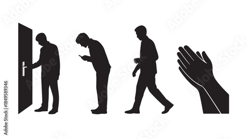 Man using smartphone while walking and being stopped by hand gesture in minimalist black silhouette style for modern technology