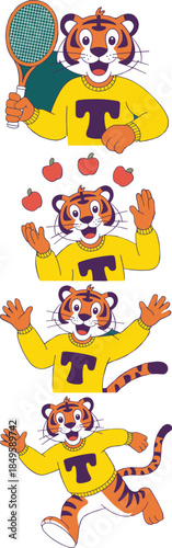 Cute tiger character mascot collection playing tennis juggling apples and running active wild animal cartoon set for children education school branding sports club logo and playful design project