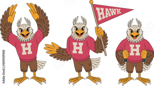 Hawk mascot character set wearing varsity sweaters cheering with spirit flag and energetic poses for high school sports team branding college university education university athletics illustration