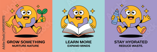 Cute planet earth character set promoting sustainability and environmental education with eco friendly habits like planting trees reading books and reducing plastic waste for green marketing