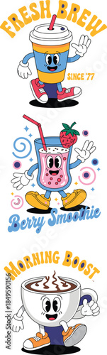Retro cartoon beverage characters set with walking coffee cup strawberry berry smoothie and hot chocolate mug morning boost vintage mascot illustration for cafe branding and restaurant menu design