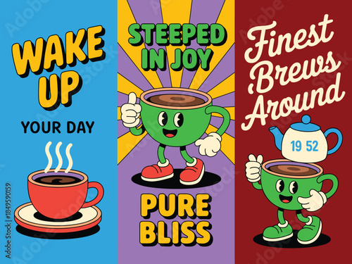 Retro cartoon coffee posters with vintage mascot characters and typography morning motivation banners for cafe branding coffee shop wall art and social media marketing graphics set of three