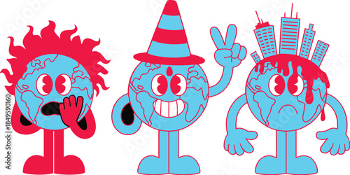 Cartoon earth characters showing global warming and climate change effects with burning world and urban pollution on black background for environmental awareness and ecological protection concepts