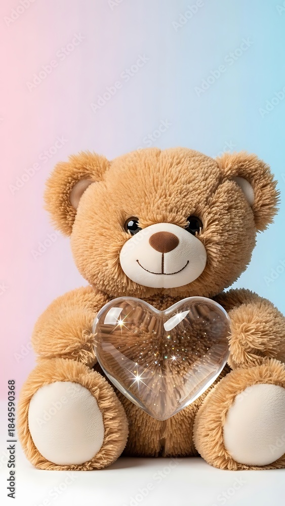 Fototapeta premium Cute Brown Teddy Bear Holding Sparkling Heart Shaped Balloon