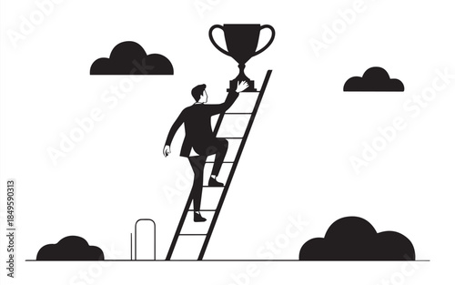 Achieving ultimate goals a man climbs a ladder to grasp the shining reward in a simple black and white design for corporate success and determination