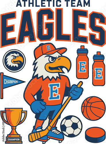 Eagle mascot sports team character illustration with athletic equipment basketball soccer ball hockey stick and trophy for school college university varsity club branding and fan apparel design