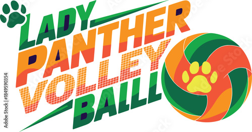 Lady Panther Volleyball team mascot logo design with energetic typography and vibrant sports ball graphic for high school athletics college tournament branding and female competitive sport apparel