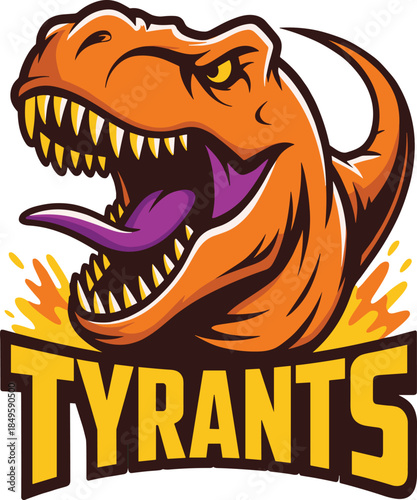 Aggressive Tyrannosaurus Rex dinosaur mascot logo with Tyrants text for sports team branding and competitive gaming esports vector illustration of roaring prehistoric predator head on green background
