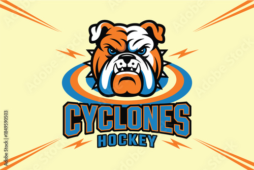 Bulldog hockey mascot logo design for professional sports team branding featuring angry canine character with spiked collar and bold typography ideal for school athletics or competitive league