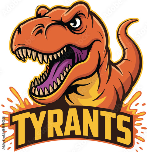 Angry Tyrannosaurus Rex dinosaur mascot logo for sports team or gaming esports apparel branding featuring fierce orange prehistoric predator with sharp teeth and tyrants typography text element