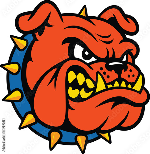 Angry orange bulldog mascot head with spiked collar on blue background fierce canine character illustration for sports team branding school spirit identity and competitive gaming logo design