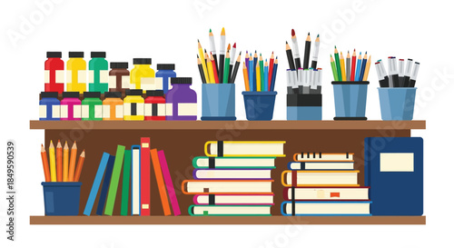 Art supplies and books neatly organized on a wooden shelf.