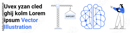 Crane lifting labeled import, neural network diagram, and figure guiding with tablet. Ideal for technology, AI, innovation, logistics, teamwork research education. Clean and simple landing page