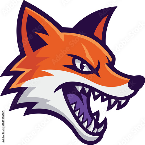 Angry red fox mascot logo head with sharp teeth and fierce expression for gaming sports team branding professional esports vector illustration for competitive gaming apparel and club identity