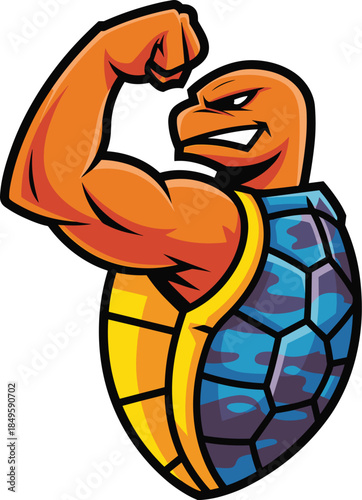 Strong muscular turtle mascot flexing bicep arm with blue camouflage shell and orange skin cartoon character for sports team logo fitness gym branding gaming emblem and athletic apparel design