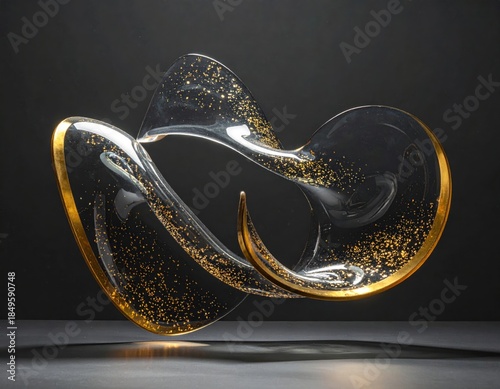 Sculpted clear glass, golden accents, abstract form, dark background