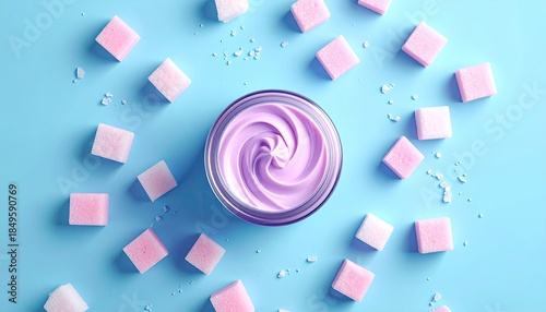 Jar of purple cream with swirls, surrounded by pink squares on blue