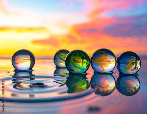 Reflective orbs in water mirror a vibrant sunset sky