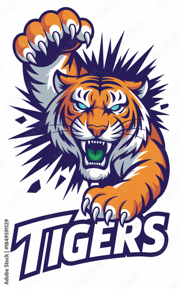 Fototapeta premium Aggressive tiger mascot logo breaking through wall for sports team branding fierce predator character illustration for gaming esports competitive club identity and varsity athletics apparel