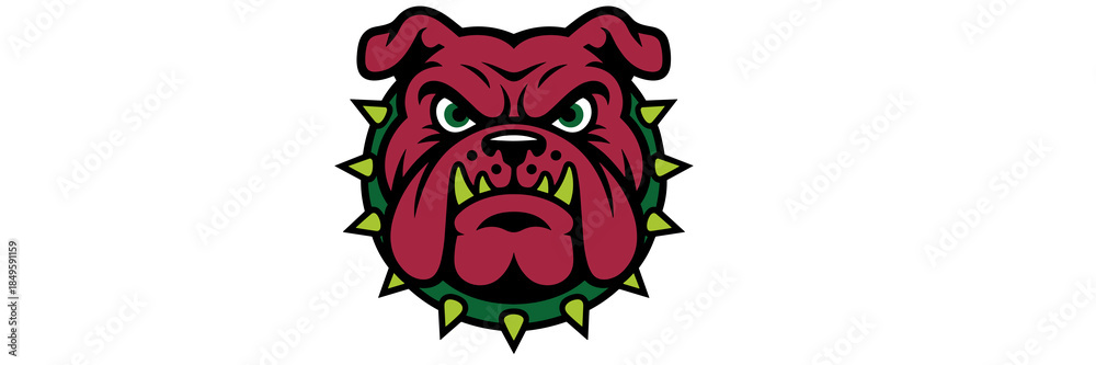 Obraz premium Aggressive bulldog mascot head with spiked collar vector illustration tough red dog face sports logo for high school college team branding fierce canine character graphic on white background