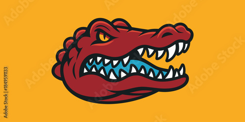 Red alligator mascot head showing sharp teeth for sports team logo design on yellow background fierce crocodile character icon for gaming branding and competitive esports tournament identity
