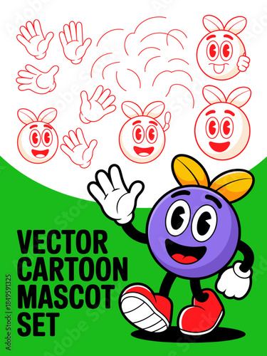 Cartoon mascot character construction set with purple berry creature waving hand in rubber hose animation style for branding design and marketing assets featuring various faces and hand poses