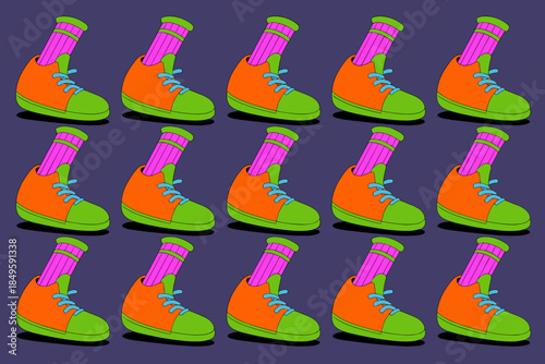 Colorful sneakers seamless pattern with vibrant orange and green cartoon shoes and pink socks on purple background for creative fashion design youthful pop art style textile digital wallpaper print