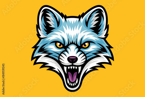 Arctic fox mascot head with aggressive snarl and sharp teeth blue wolf character logo on yellow background fierce animal predator illustration for gaming team sports apparel and branding identity