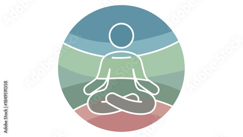 A stylized illustration of a person meditating in a lotus position, set against a background of serene, wavy, multi-colored horizontal bands within a circle.